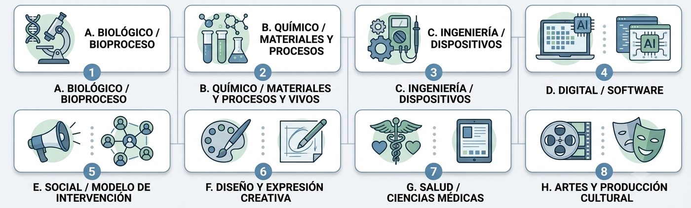 8 dominios tecnológicos evaluables en TRLytics: biológico, químico, ingeniería, digital, social, diseño, salud y artes