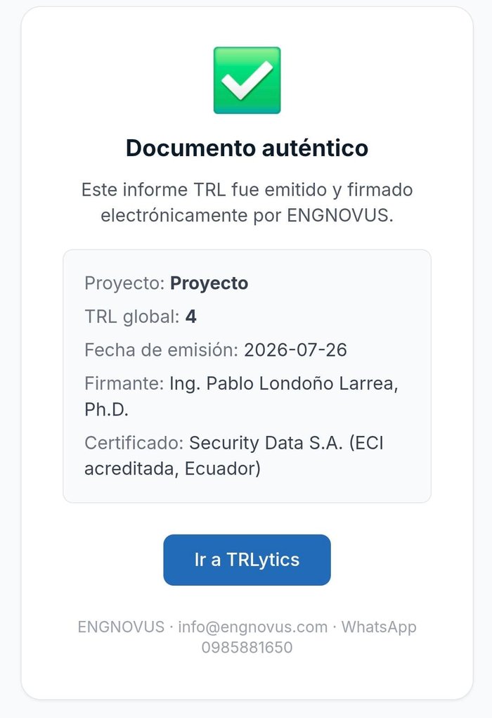 Página pública de verificación que confirma la autenticidad del informe al escanear el código QR